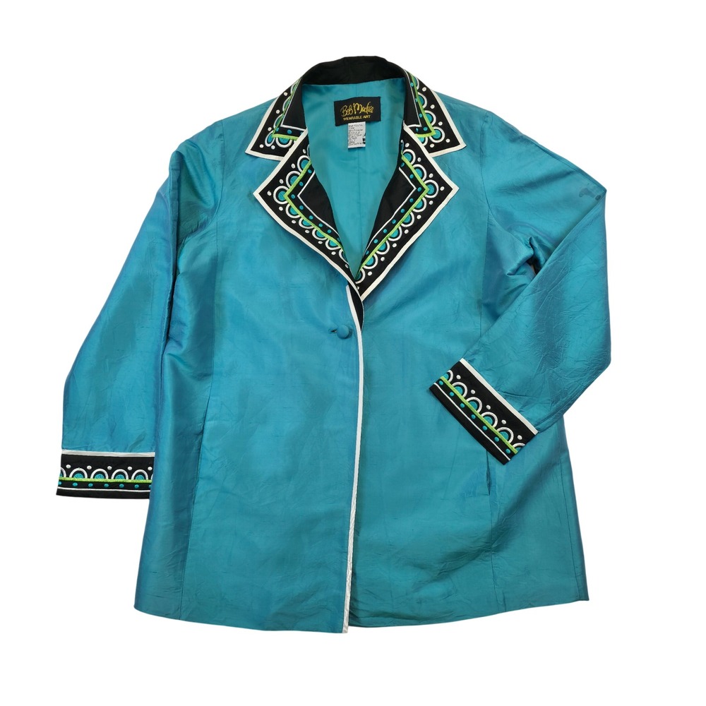 Bob Mackie Wearable Art Silk Blazer Jacket S Turquoise Embroidered Asian Retro